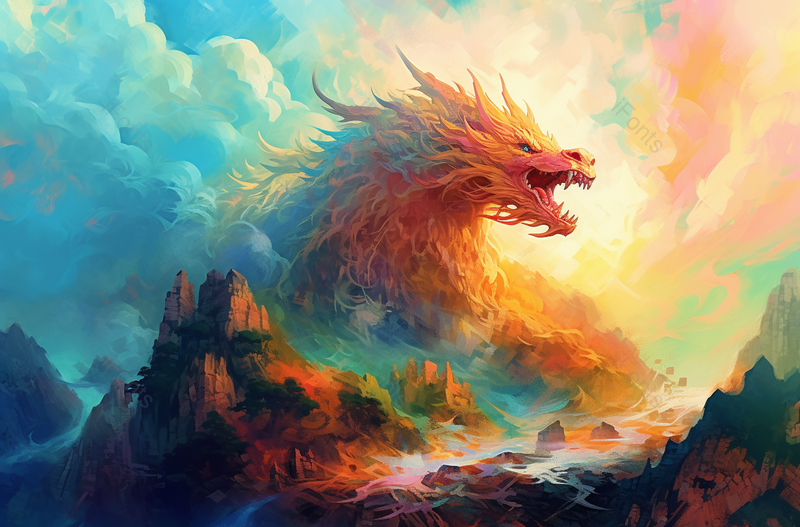 中国风传统文化天空中彩色威风凛凛的麒麟祥麟,插画/手绘图,插画/手绘图库,插画/手绘图下载,插画/手绘